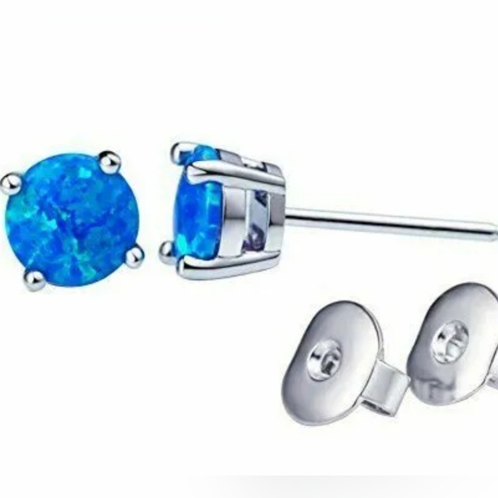 925 Sterling Silver 6mm Round Blue Fire Opal Stud Earrings For Women - Picture 4 of 4